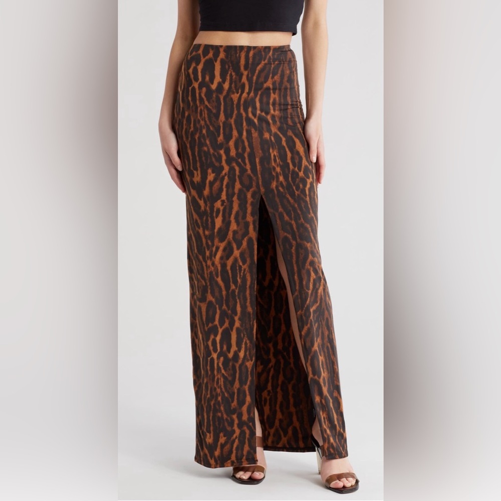AFRM Leopard Print Maxi Skirt in Brown and Black with Front Slit in Medium